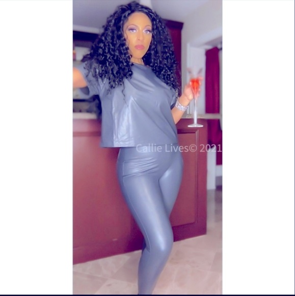 Callie Lives Tops - HostPick! Miz Holiday Vegan Charcoal Leather Crop Top & Legging Sets